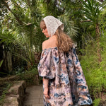 Hanimaa off shoulder aida mekko sininen ruskea käsinvärjätty musliinimekko