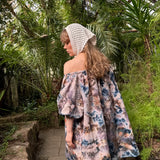 Hanimaa off shoulder aida mekko sininen ruskea käsinvärjätty musliinimekko