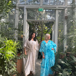 Hanimaa kaftaani musliini kangas turkoosi beige käsinvärjätty